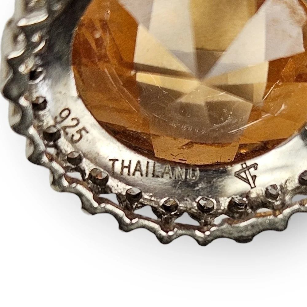 Sterling CZ Halo Pendant Faceted Amber Glass Pave White 925 Silver Drop 1 1/8